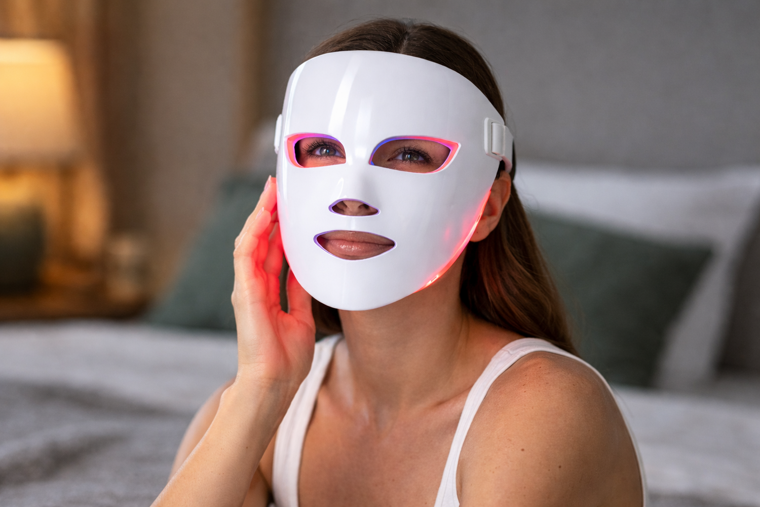 Frau verwendet LED Gesichtsmaske zu Hause – moderne LED Lichttherapie