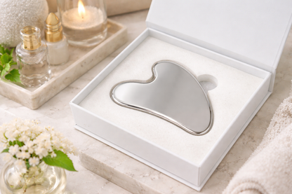 Elegantes Herzförmiges Edelstahl Gua Sha im luxuriösen Präsentationsset – Ideal für Ihre Hautpflege-Routine.