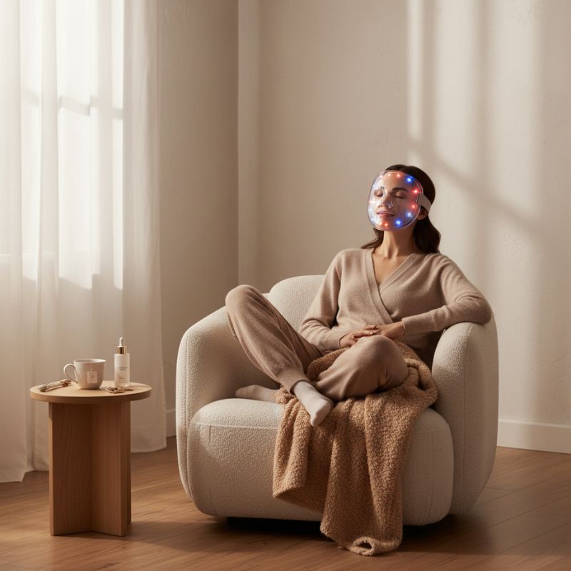 Ruhige Moment mit led Maske zu Hause