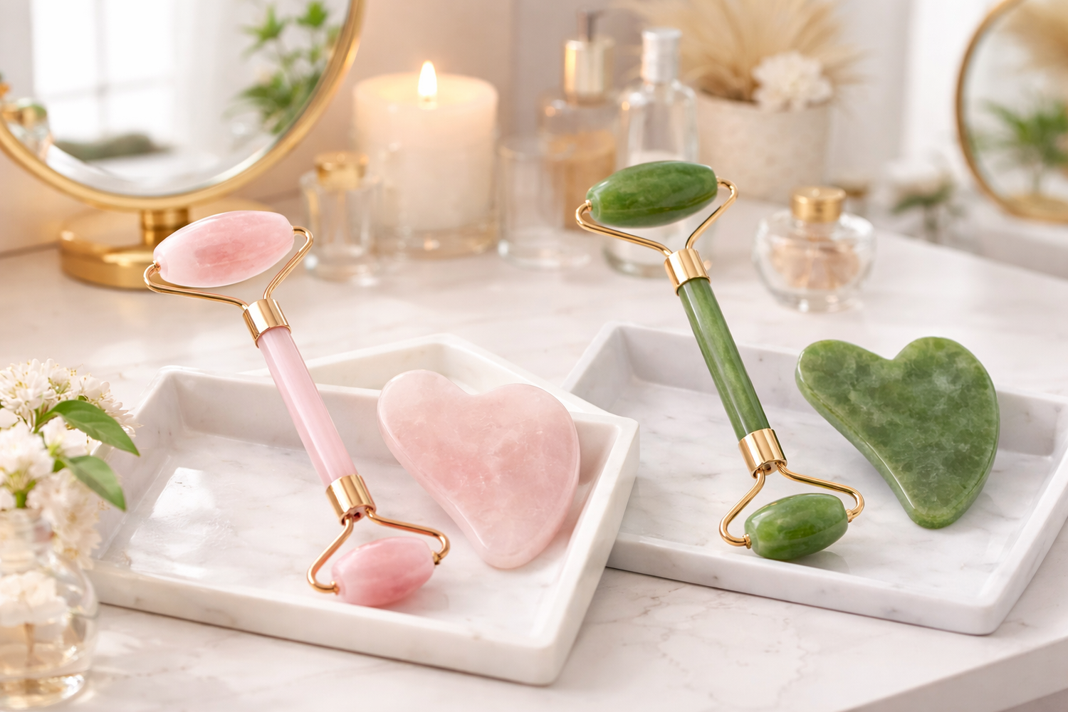 Verwöhnen Sie sich mit dem Jade Roller Set in Rosa und Grün – Perfekt arrangiert auf einem eleganten Marmortablett für Ihre tägliche Hautpflege