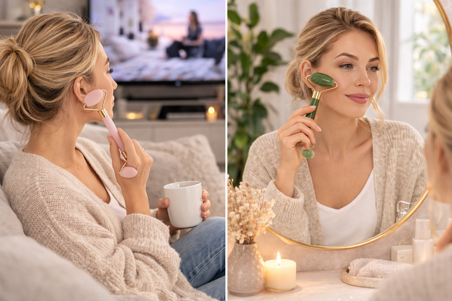- Genießen Sie die beruhigende Wirkung des Jade Rollers bei einer entspannenden Auszeit zu Hause – in einem modernen Badezimmer oder Wohnbereich.